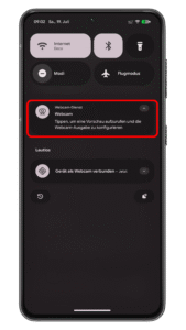 Tap on the webcam pop-up to open the menu. Android phone screen showing webcam service options and settings.