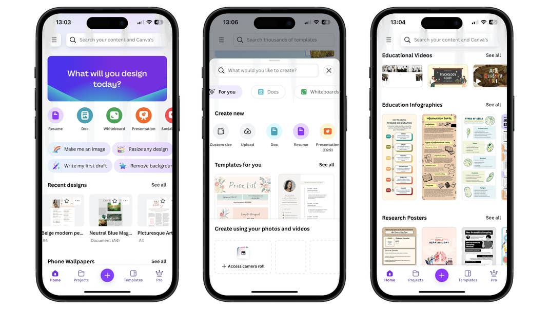 Overview of Canva mobile app showing design options and recent projects.