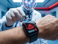 An AI doctor listens to an Apple Watch on a patient's wrist.