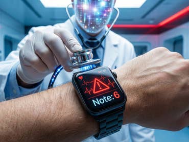 An AI doctor listens to an Apple Watch on a patient's wrist.