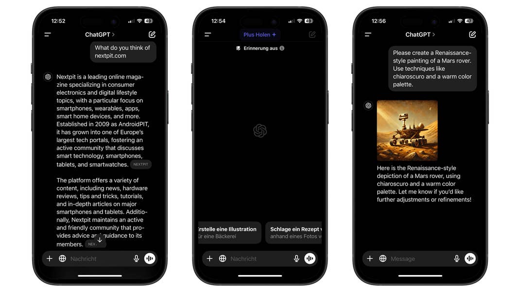 Three smartphone screens displaying ChatGPT conversations about NextPit and a Mars rover painting request.