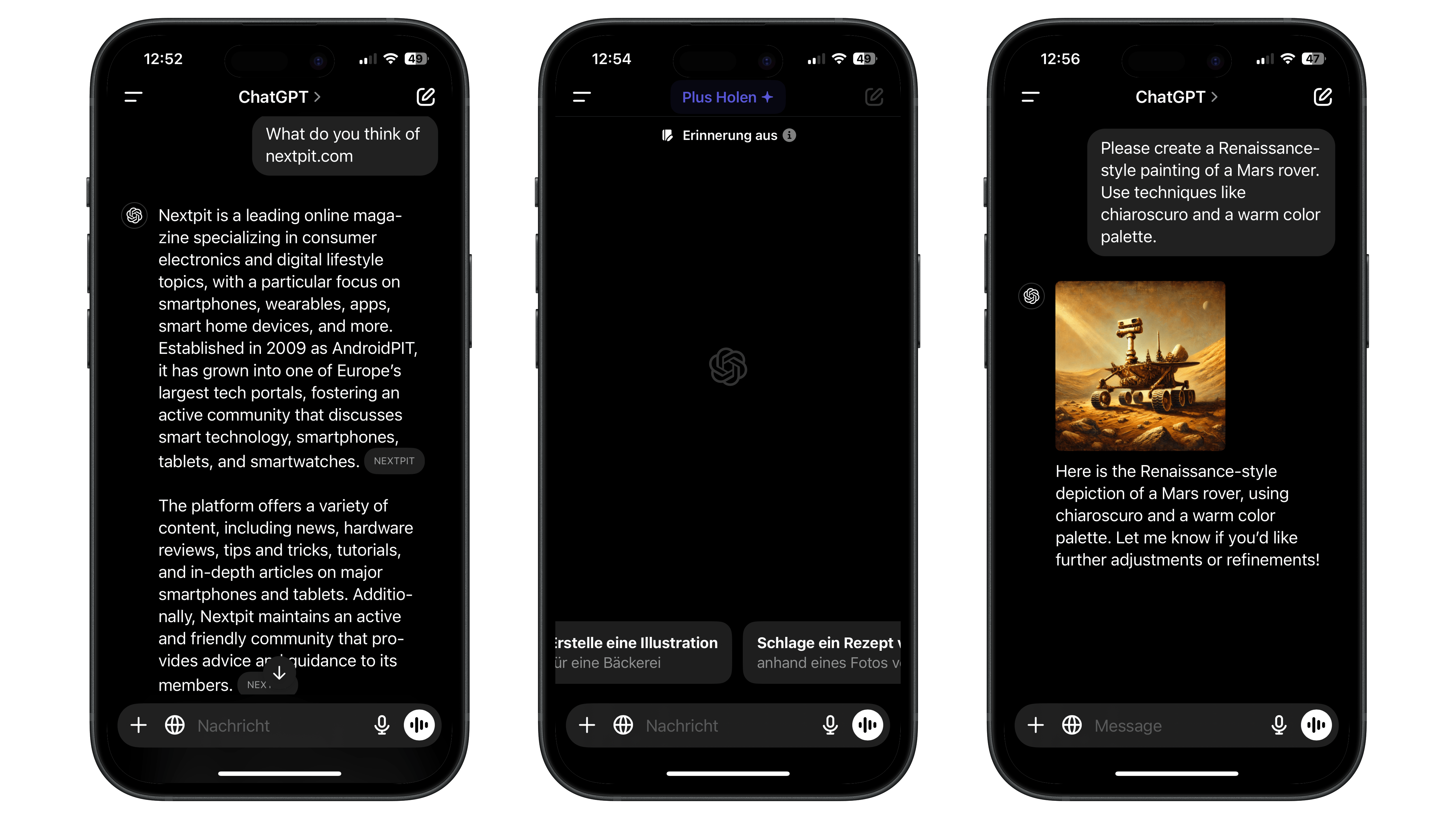 Three smartphone screens displaying ChatGPT conversations about NextPit and a Mars rover painting request. Three smartphone screens displaying ChatGPT conversations about NextPit and a Mars rover painting request.