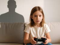 A young girl on the couch with a shadow of a man in the background.