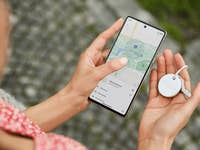 Chipolo One Point item tracker with the Google Find My app opened on a smartphone