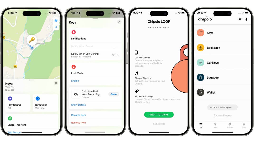 Screenshots of the Chipolo item tracker app showing location, notifications, and features.