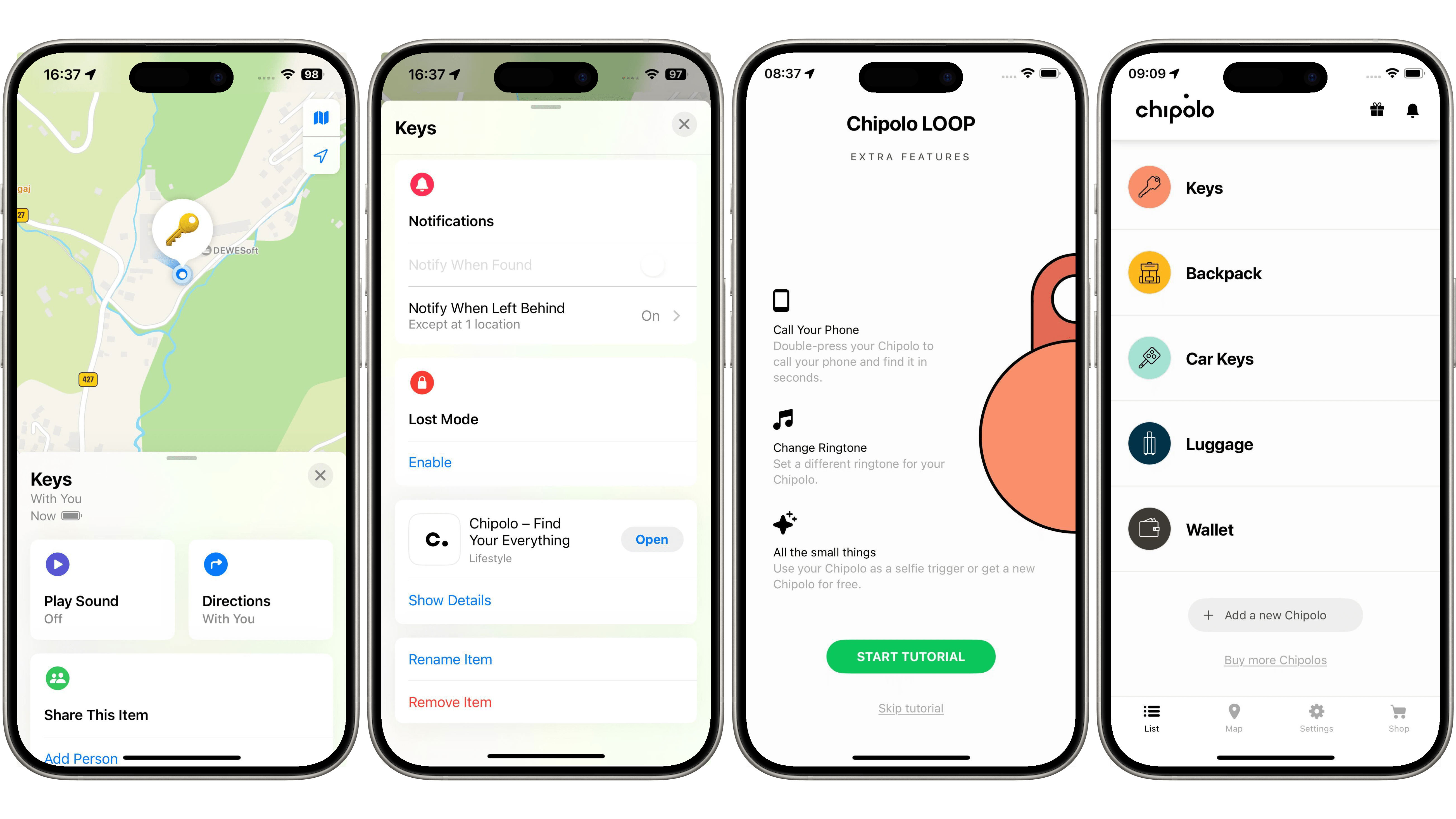 Screenshots of the Chipolo item tracker app showing location, notifications, and features.