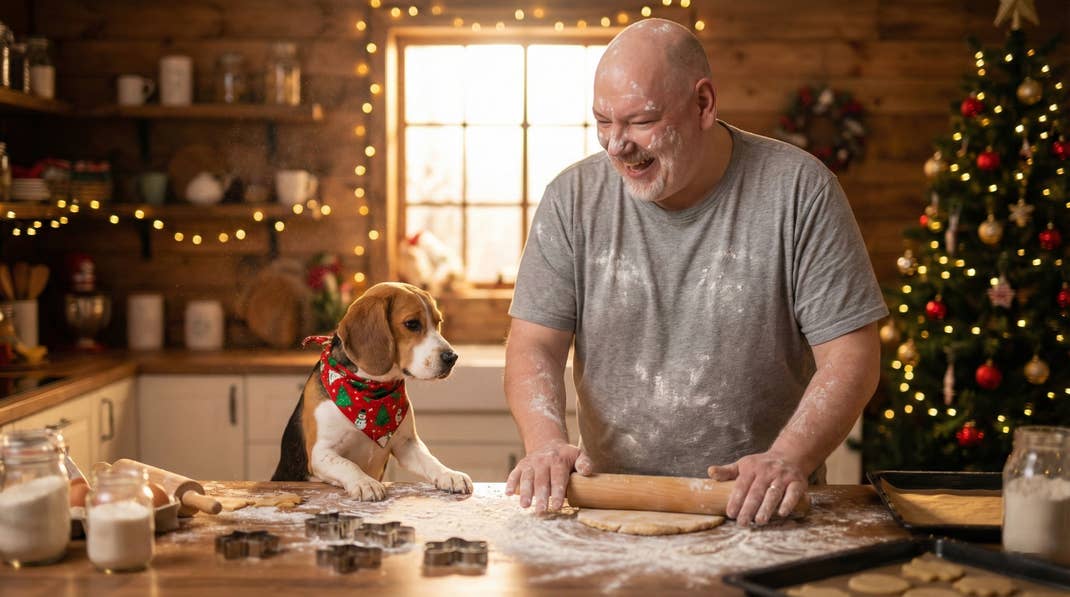 Casi backt Plätzchen und sein Hund schaut zu