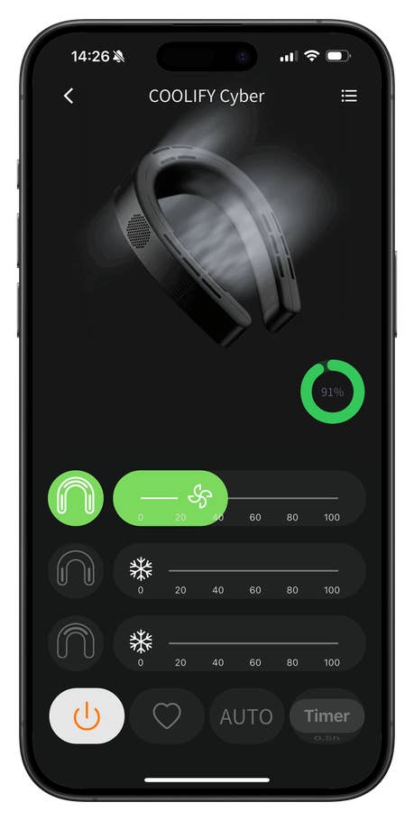 Torras app screenshot to control the Coolify Cyber neck air conditioner.