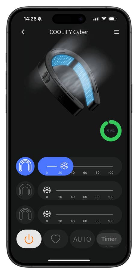 Torras app screenshot to control the Coolify Cyber neck air conditioner.