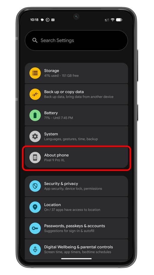 Settings menu of an Android device displaying options like Storage, Battery, and About phone.