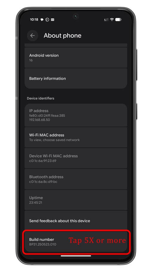 Android version screen showing version 16, battery info, and device identifiers including build number.