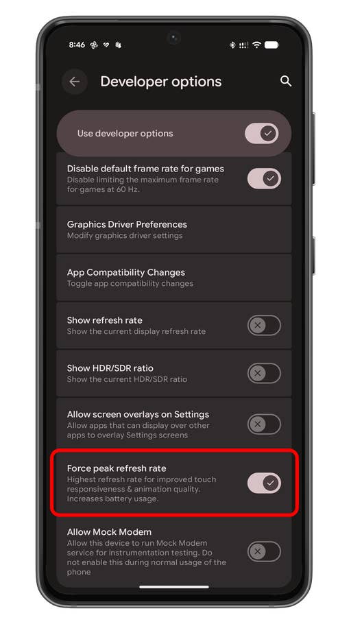 Android Developer options screen showing u0027Force peak refresh rateu0027 setting enabled.
