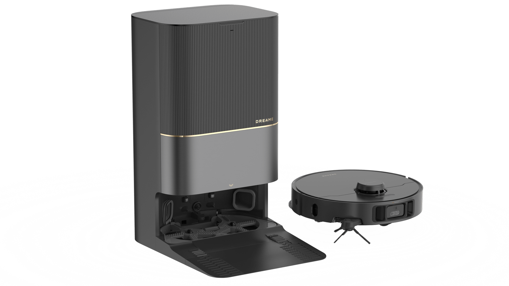 Dreame X40 Ultra robot vacuum next to its base station