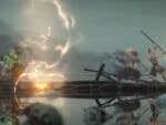 A boat in a dark, stormy environment with a figure fighting against ghostly creatures.