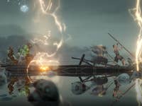 A boat in a dark, stormy environment with a figure fighting against ghostly creatures.