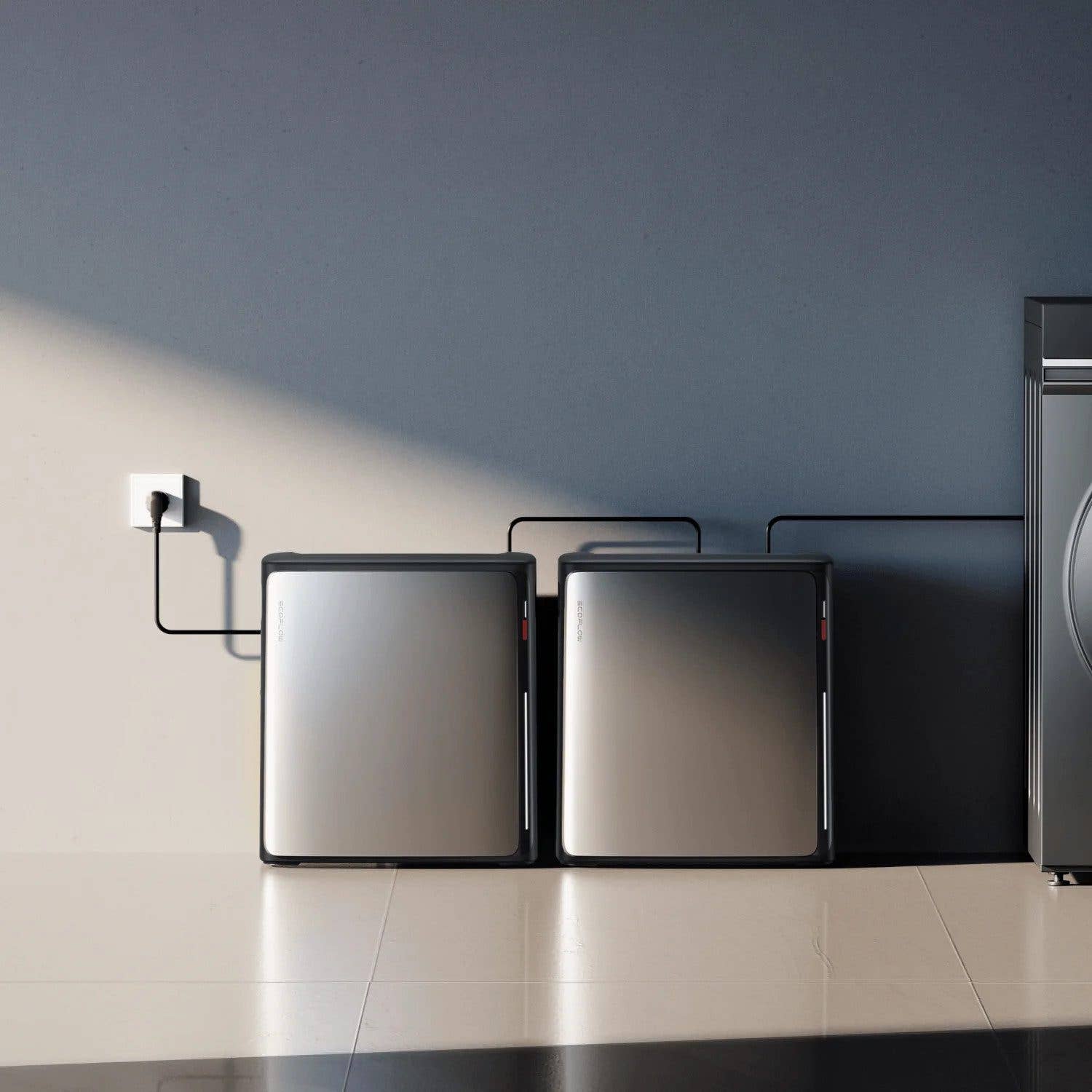 Two Ecoflow Stream Ultra X devices are connected to a wall outlet. Two Ecoflow Stream Ultra X devices are connected to a wall outlet.
