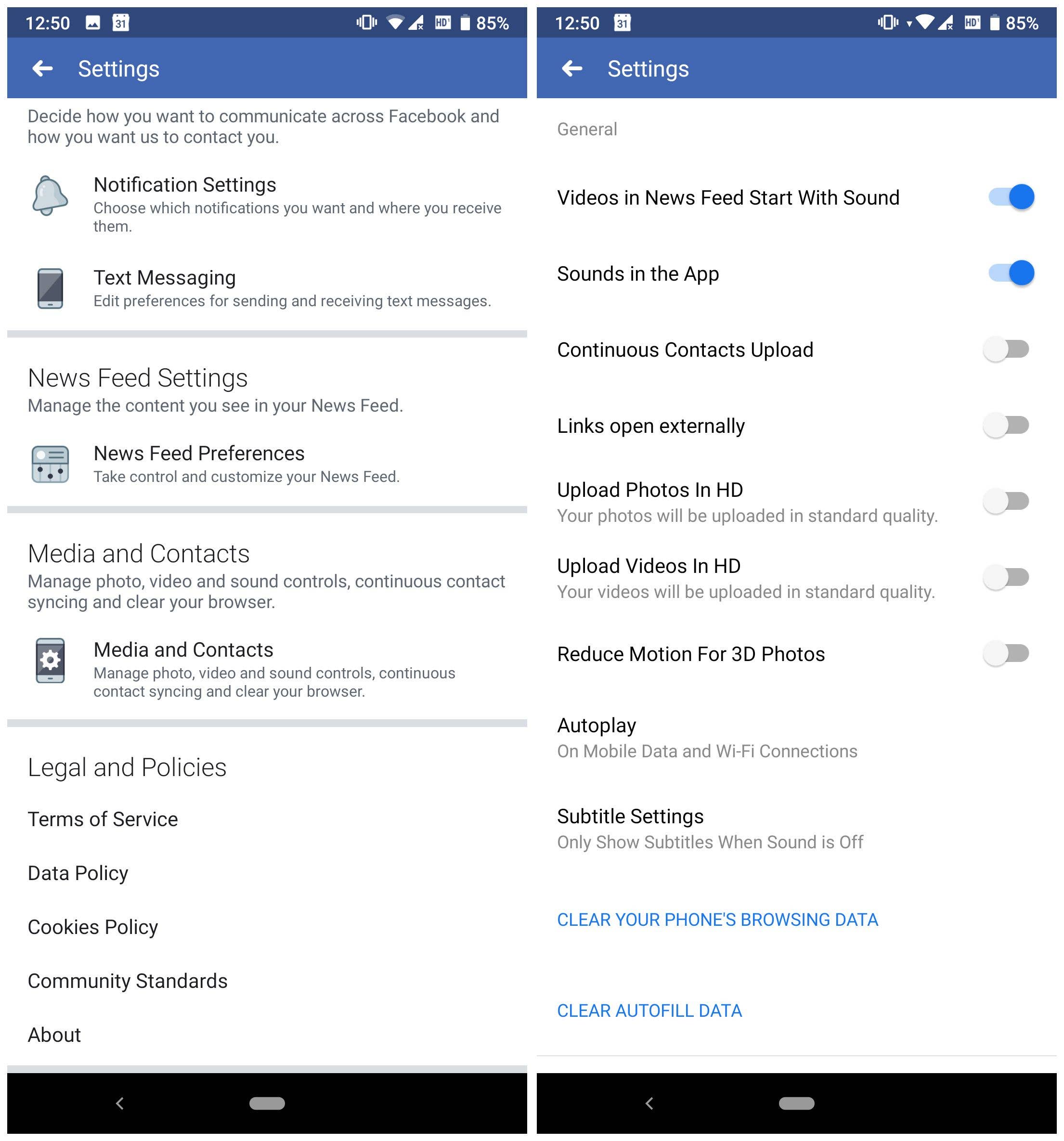 facebook app media settings