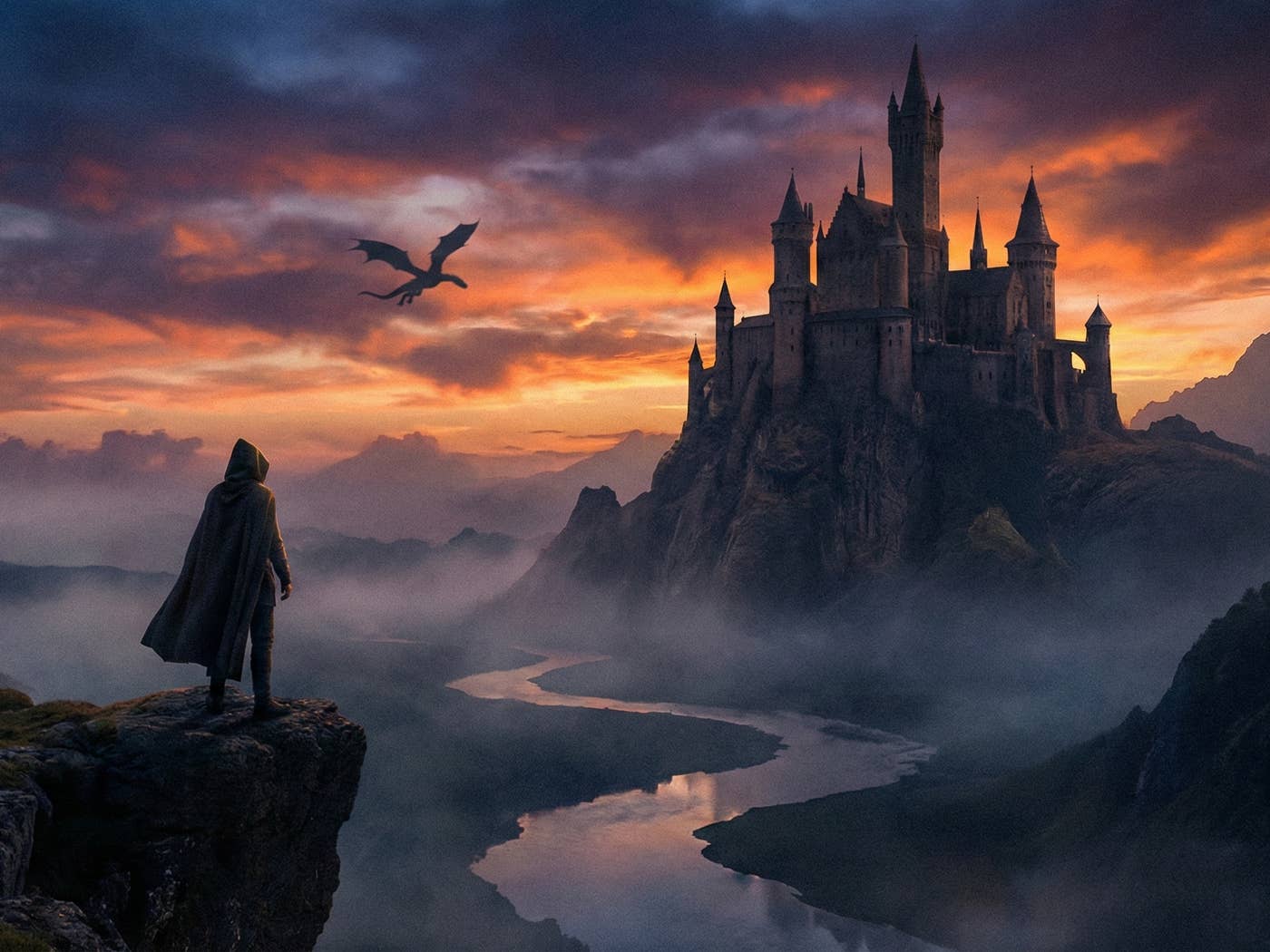 A man looks down on a fantasy city