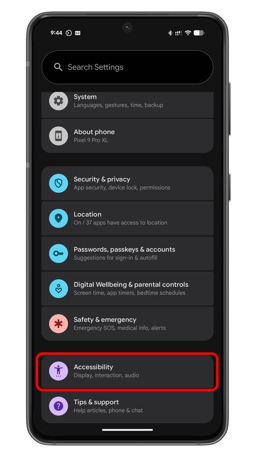 Settings menu on an Android phone showing options like Accessibility, Security u0026 privacy, and Location.