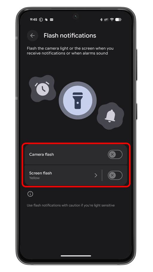 Settings screen for flash notifications on an Android device, with options for camera and screen flash.