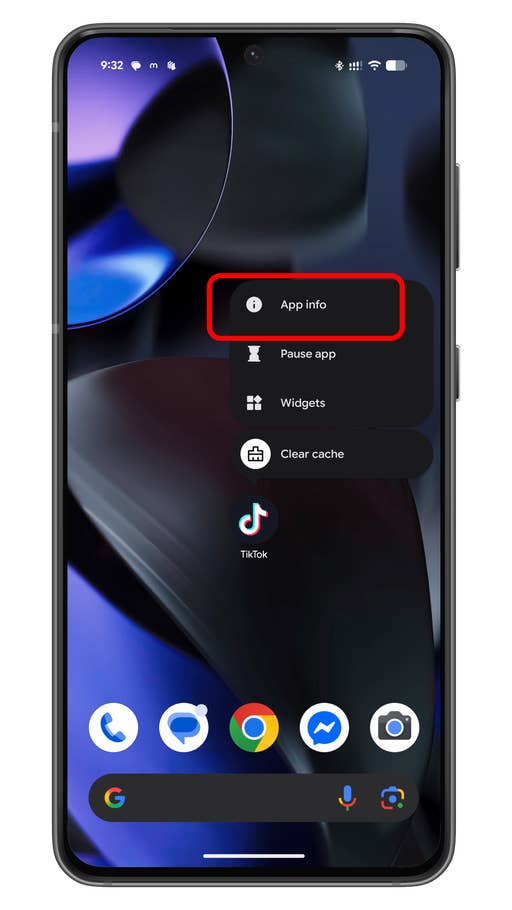 Android smartphone screen showing app options with u0027App infou0027 highlighted.