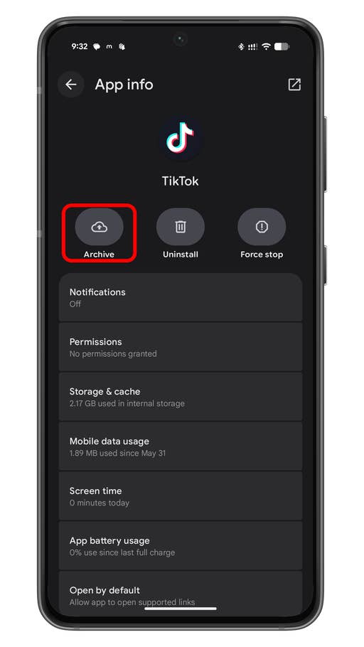 A smartphone screen displaying the TikTok app info with options: Archive, Uninstall, and Force stop.