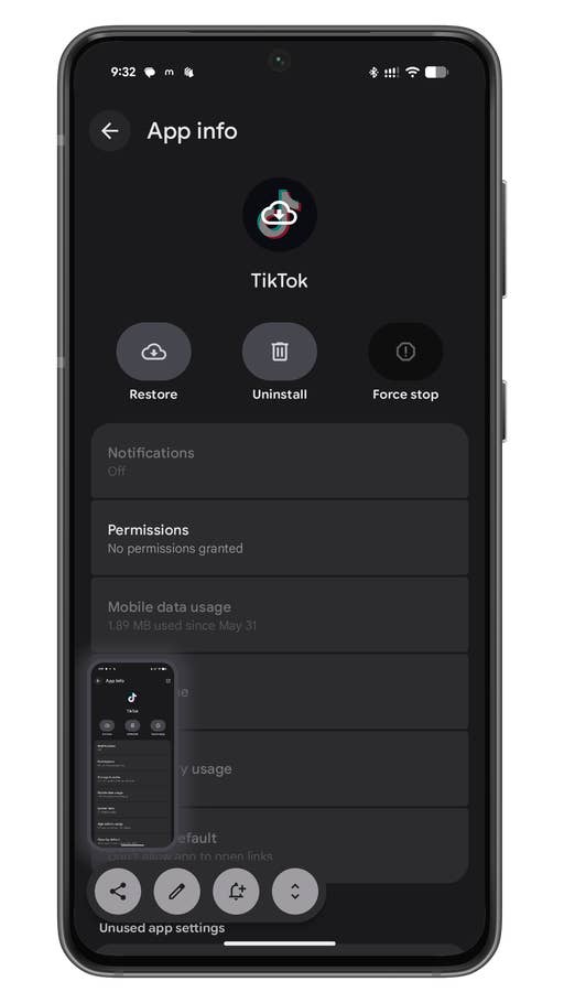 Android app info screen for TikTok with options to uninstall, force stop, and view permissions.