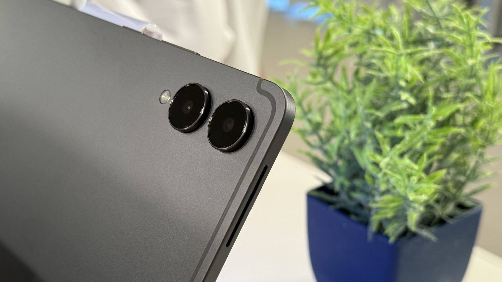 Close-up of the Samsung Galaxy Tab S11's dual cameras on a gray surface next to a potted plant.
