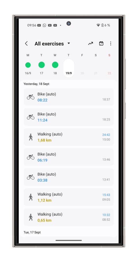 Samsung Galaxy Watch 7 exercise log shows cycling and walking activities with times and distances.