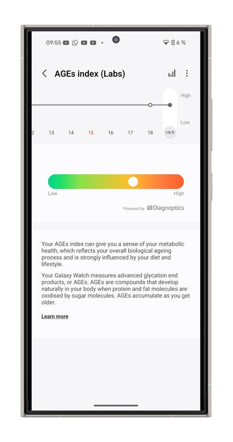Samsung Galaxy Watch 7 displays the user interface with the AGEs index and health information.