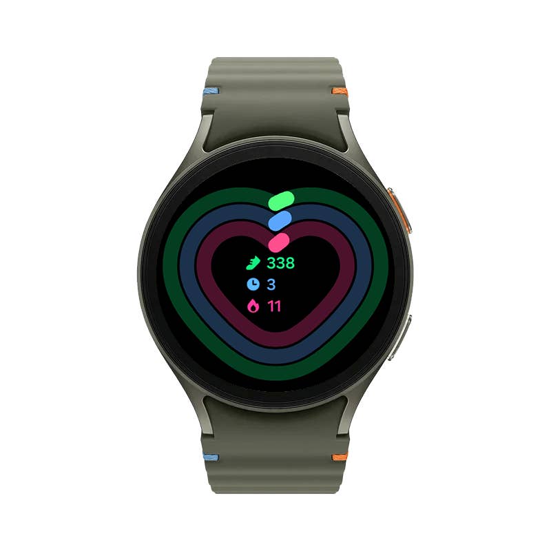 Samsung Galaxy Watch 7 displays heart rate and activity metrics.