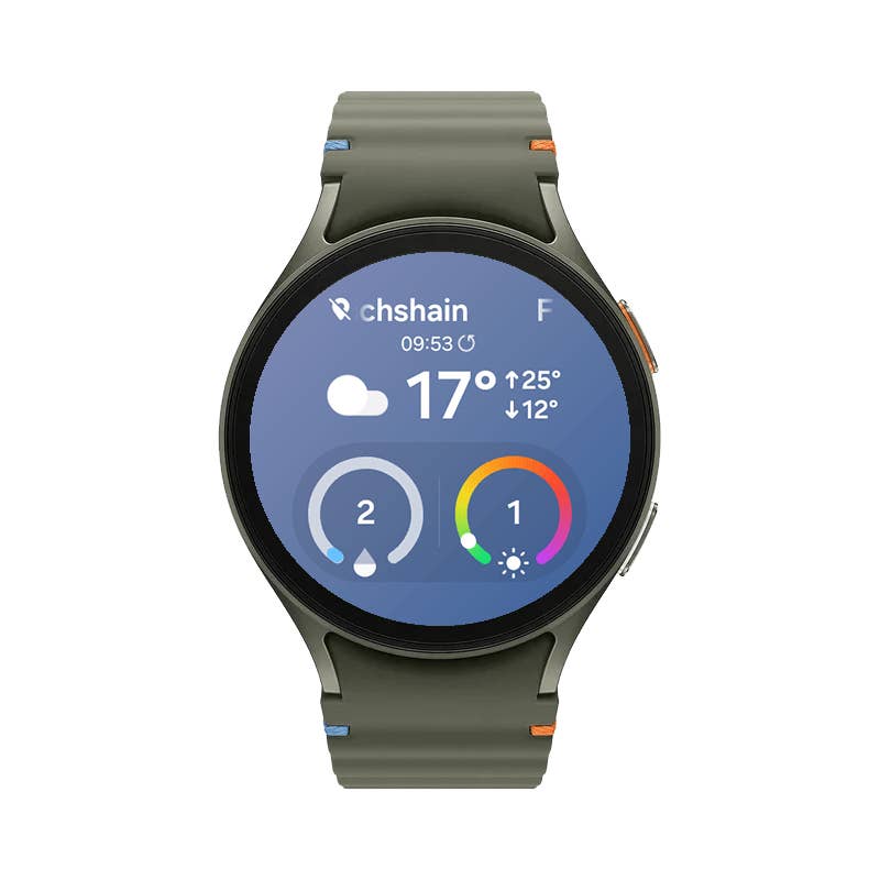 Samsung Galaxy Watch 7 with a green strap showing the weather information.