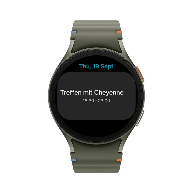 The Samsung Galaxy Watch 7 shows a calendar entry: Meeting with Cheyenne from 18:30 to 23:00.