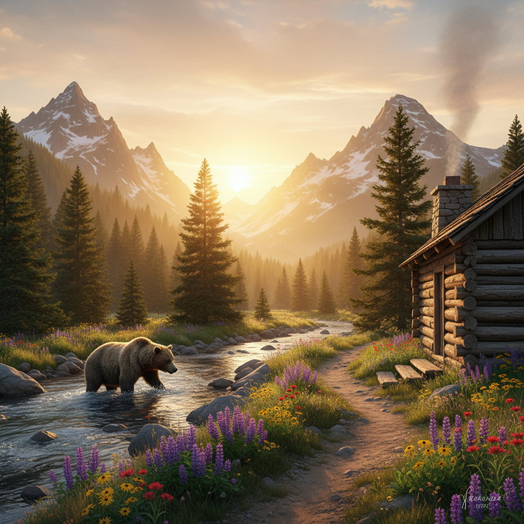 An AI-generated image of the Rocky Mountains featuring mountains, a log cabin, and a mountain stream with a bear.