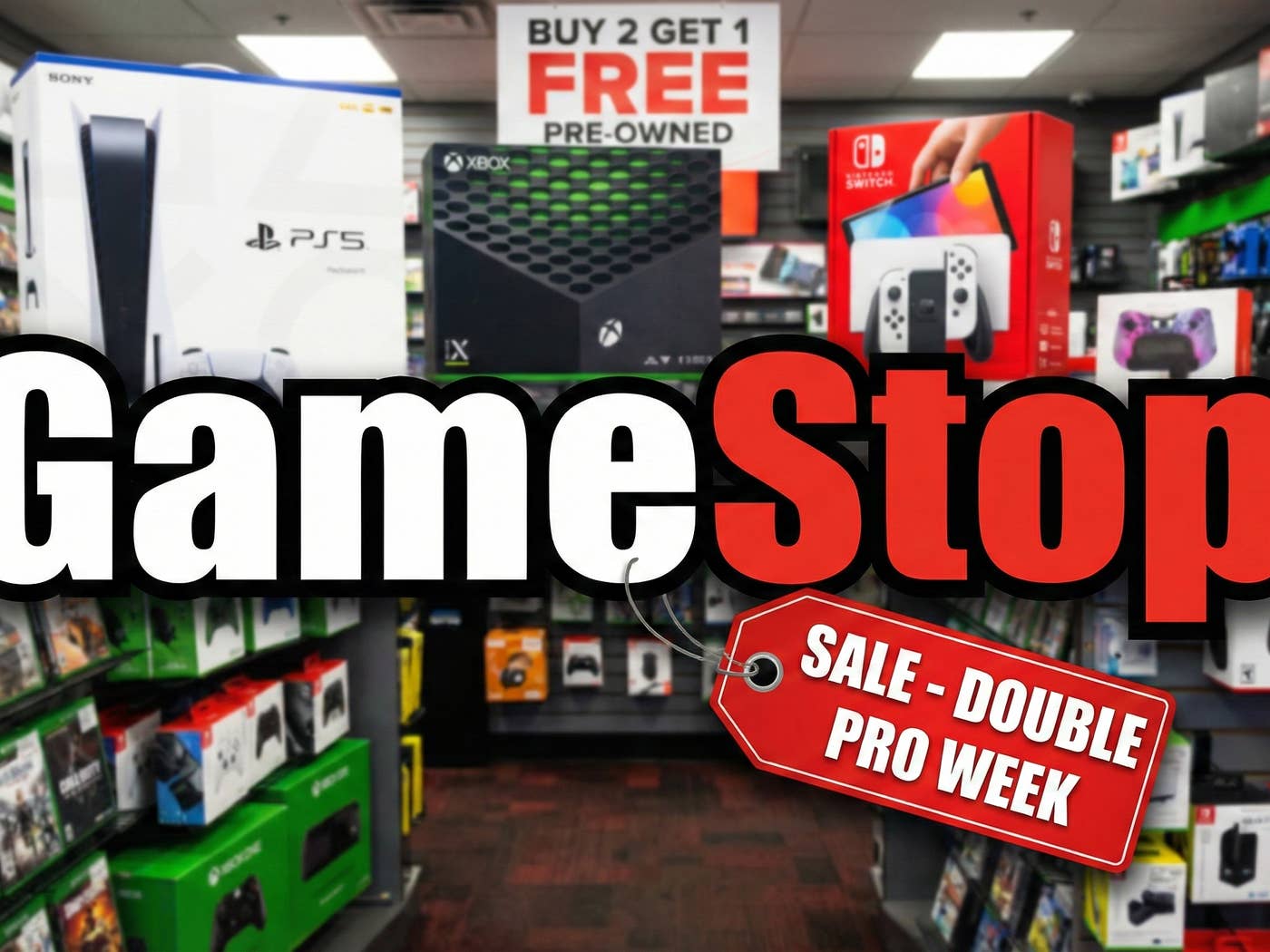 The game stop logo in front of boxed consoles inside of a store.