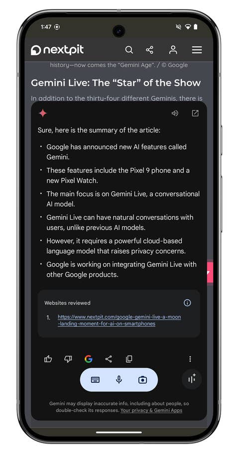 Screenshot of the Google Gemini Nano interface on the Google Pixel 9 Pro XL.