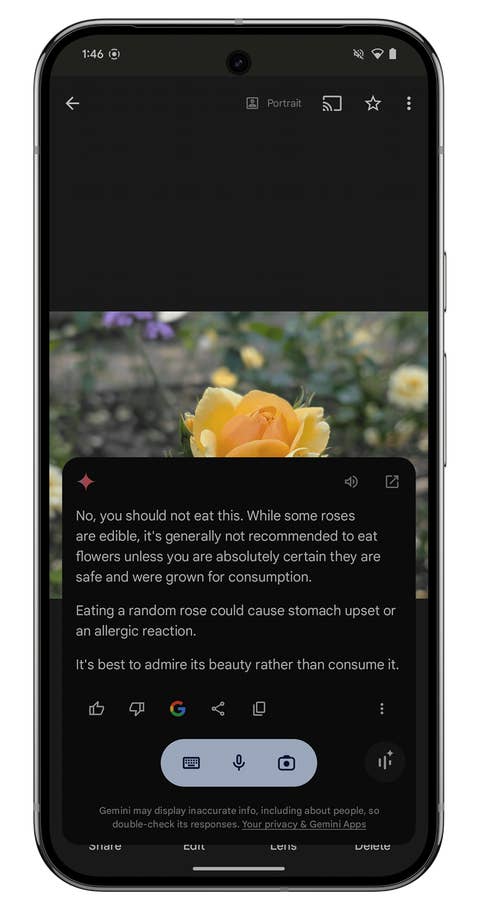 Screenshot of the Google Gemini Nano interface on the Google Pixel 9 Pro XL.