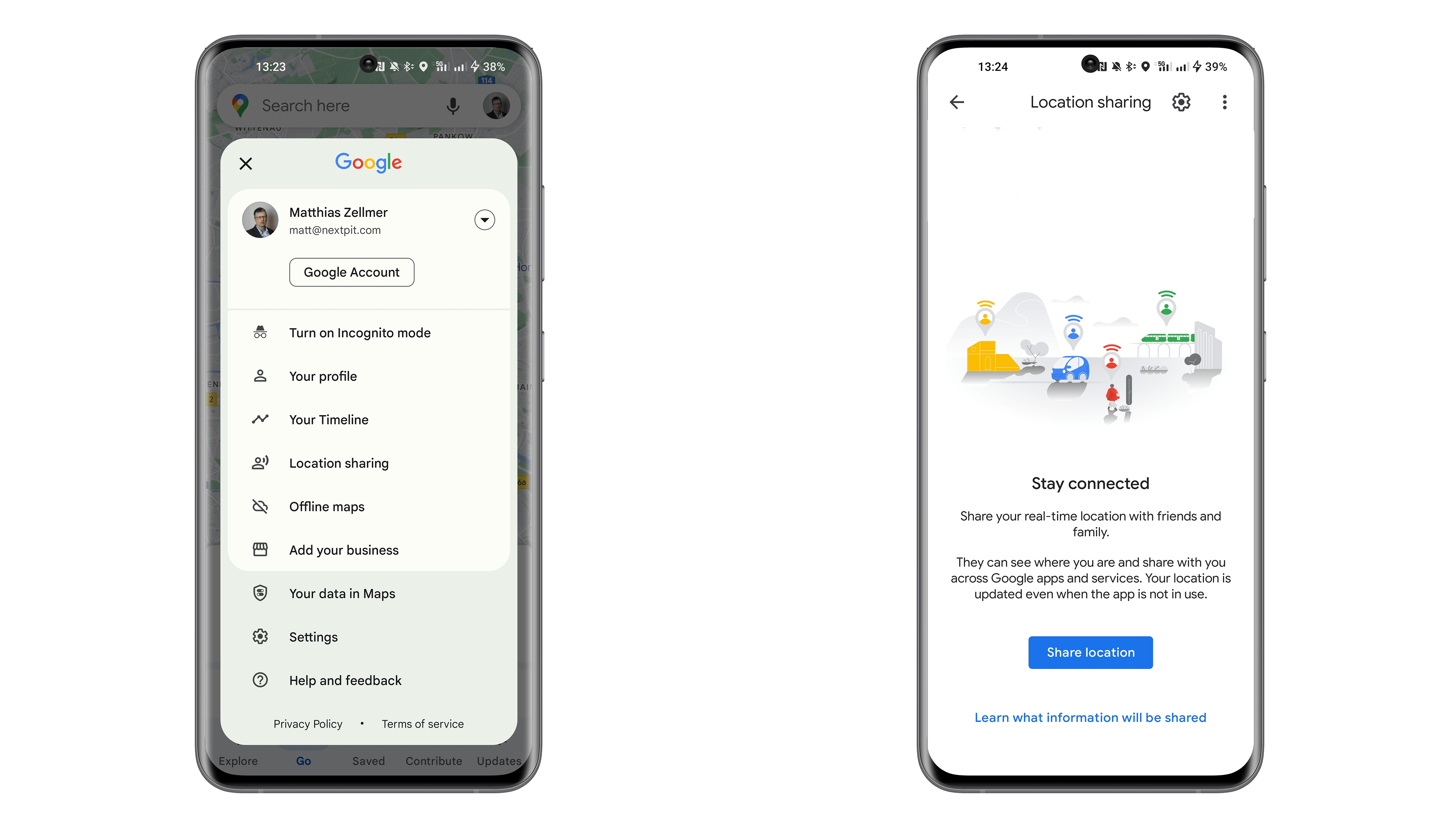 Screenshots showing how to share location using Google Maps