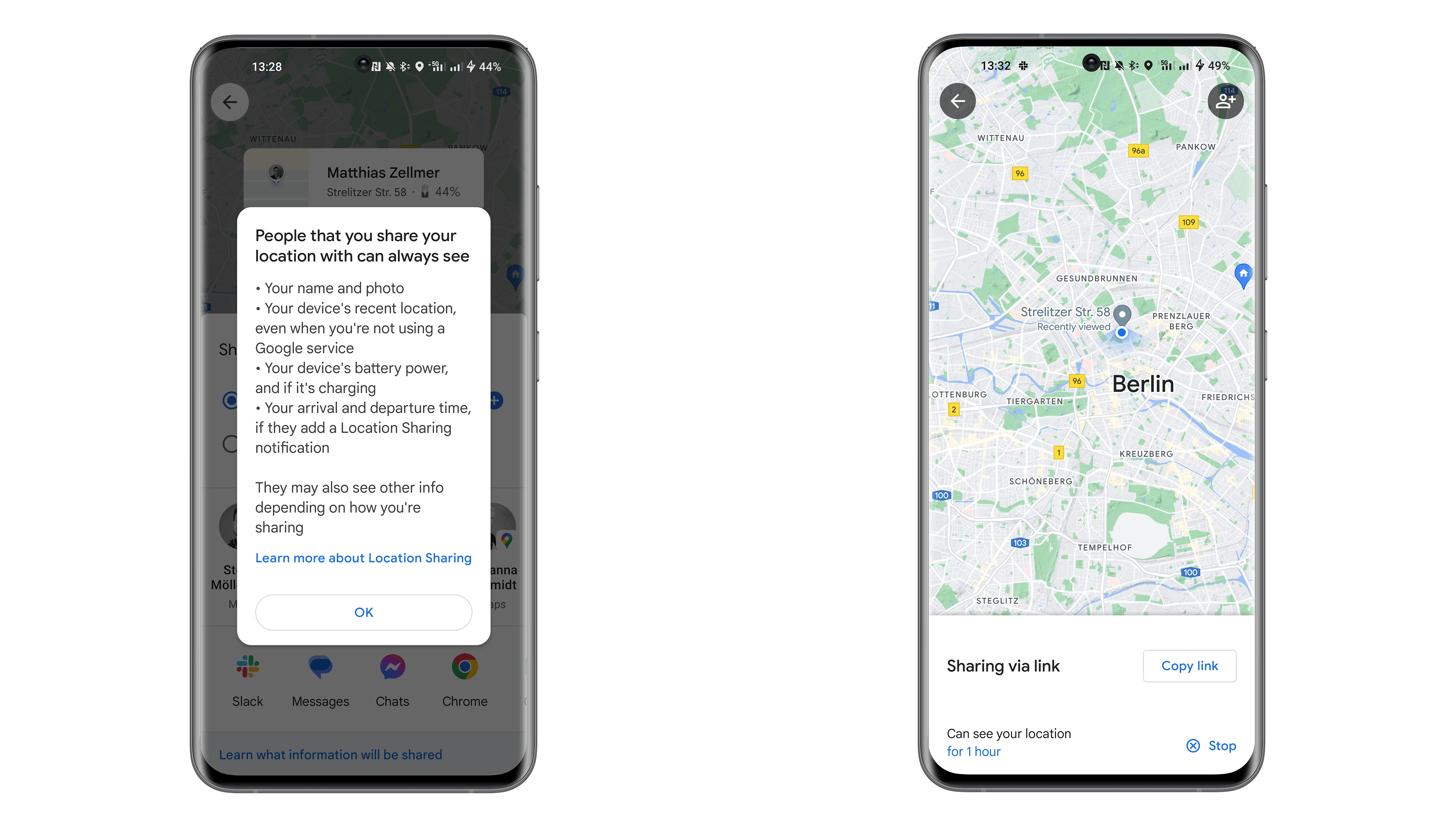 Screenshots showing how to share location using Google Maps