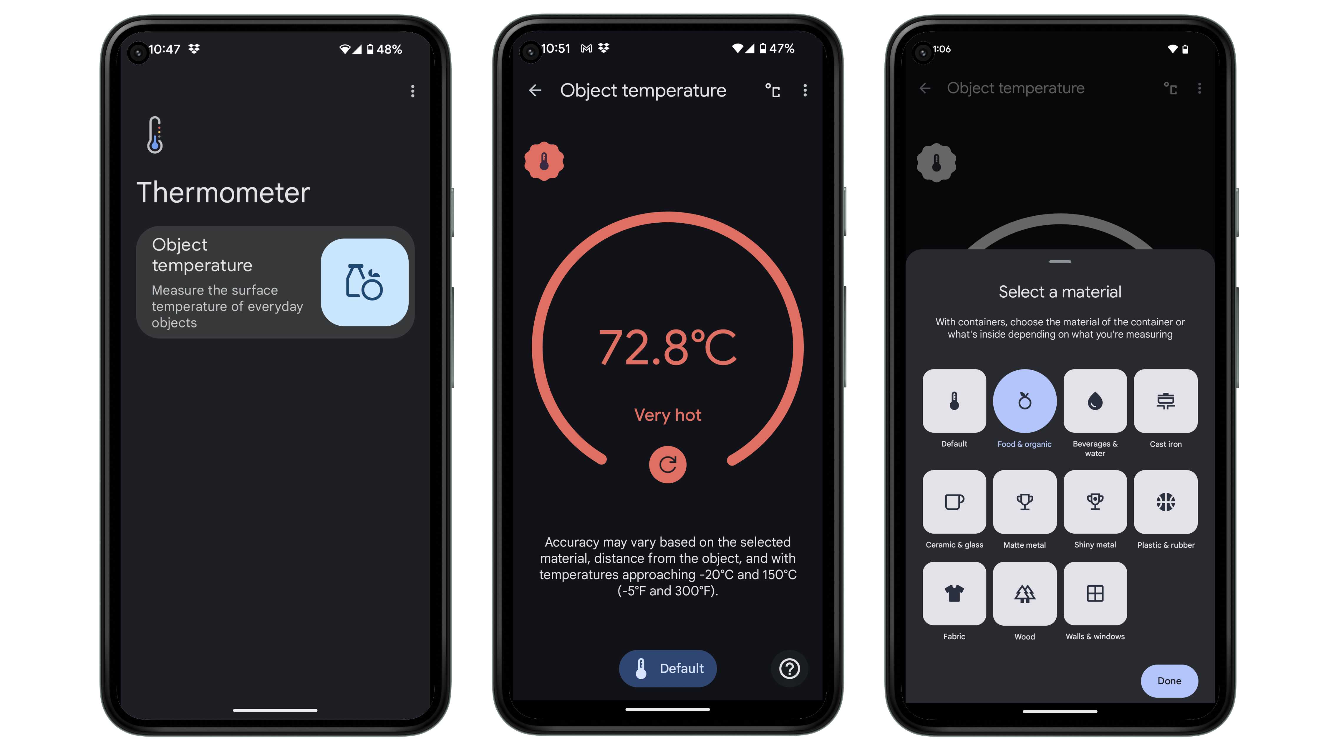 Google Pixel 8 Pro temperature measurement app screenshots