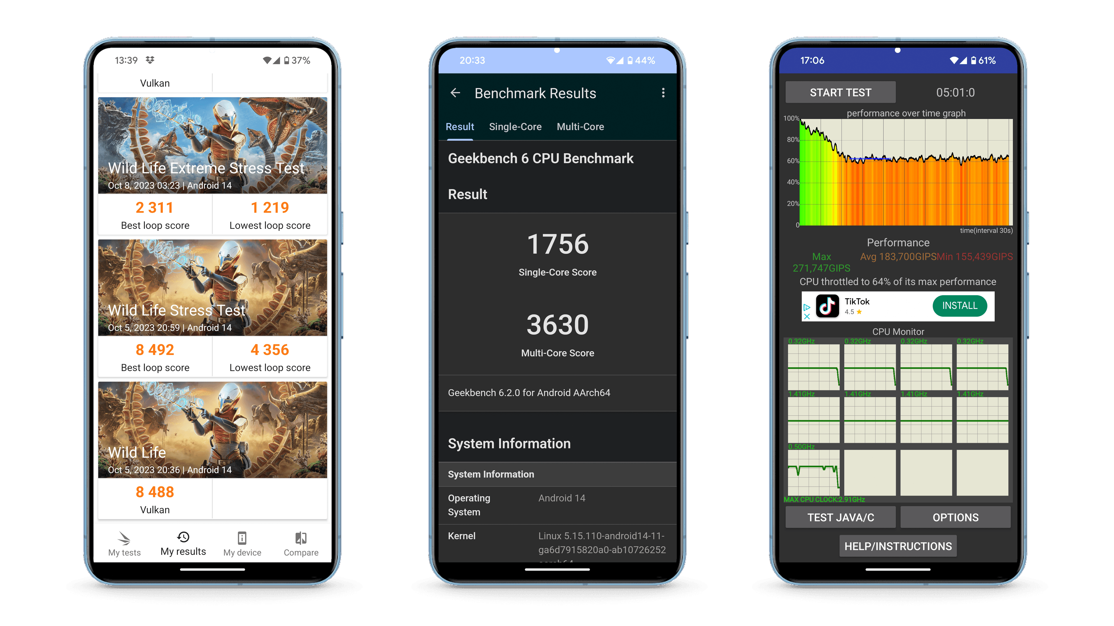 Google Pixel 8 Pro benchmark results screenshots.