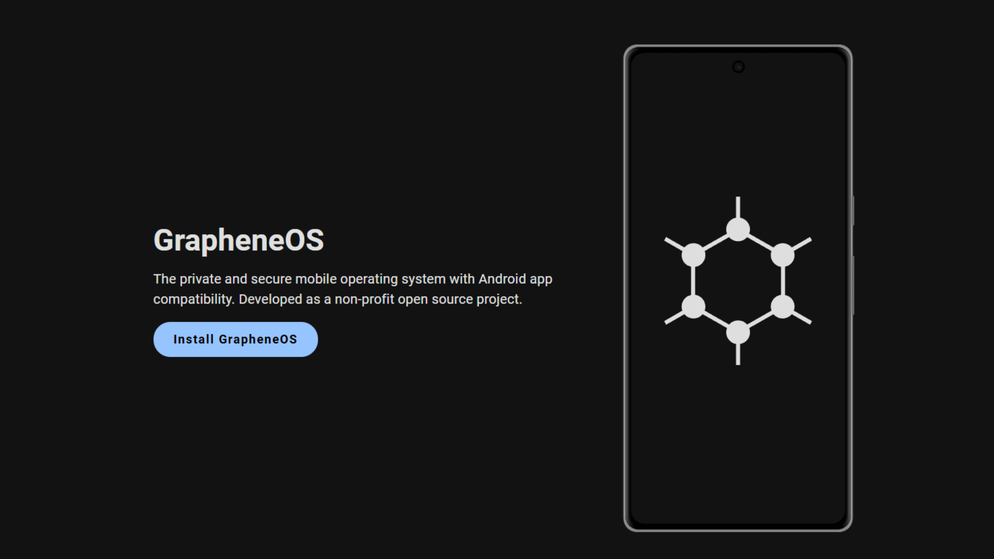 GrapheneOS logo on a smartphone screen with text about its features and installation button.