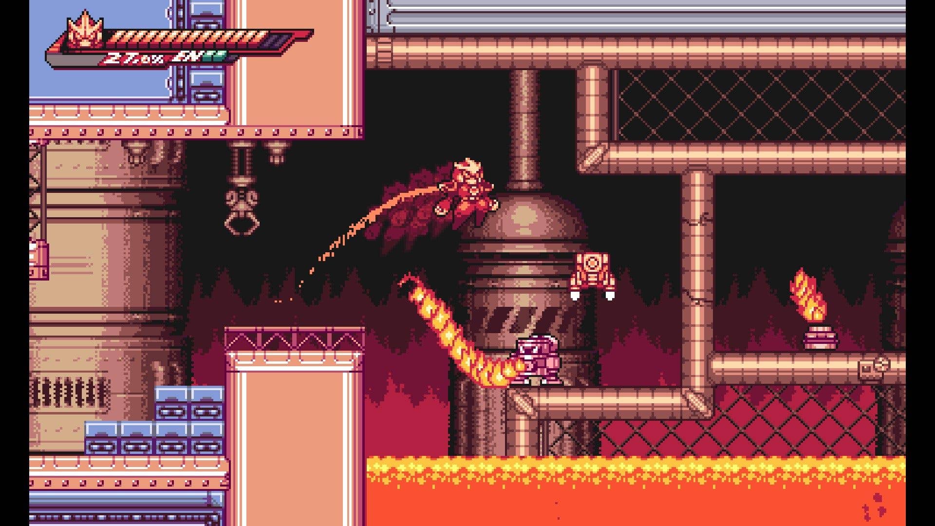 A screenshot from Gravity Circuit showing a character jumping over lava, with enemies and machinery in the background.