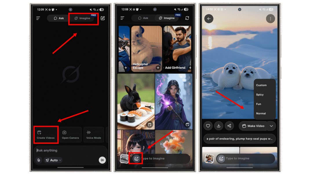 Three smartphone screens displaying an app interface with options to create videos and various image categories.