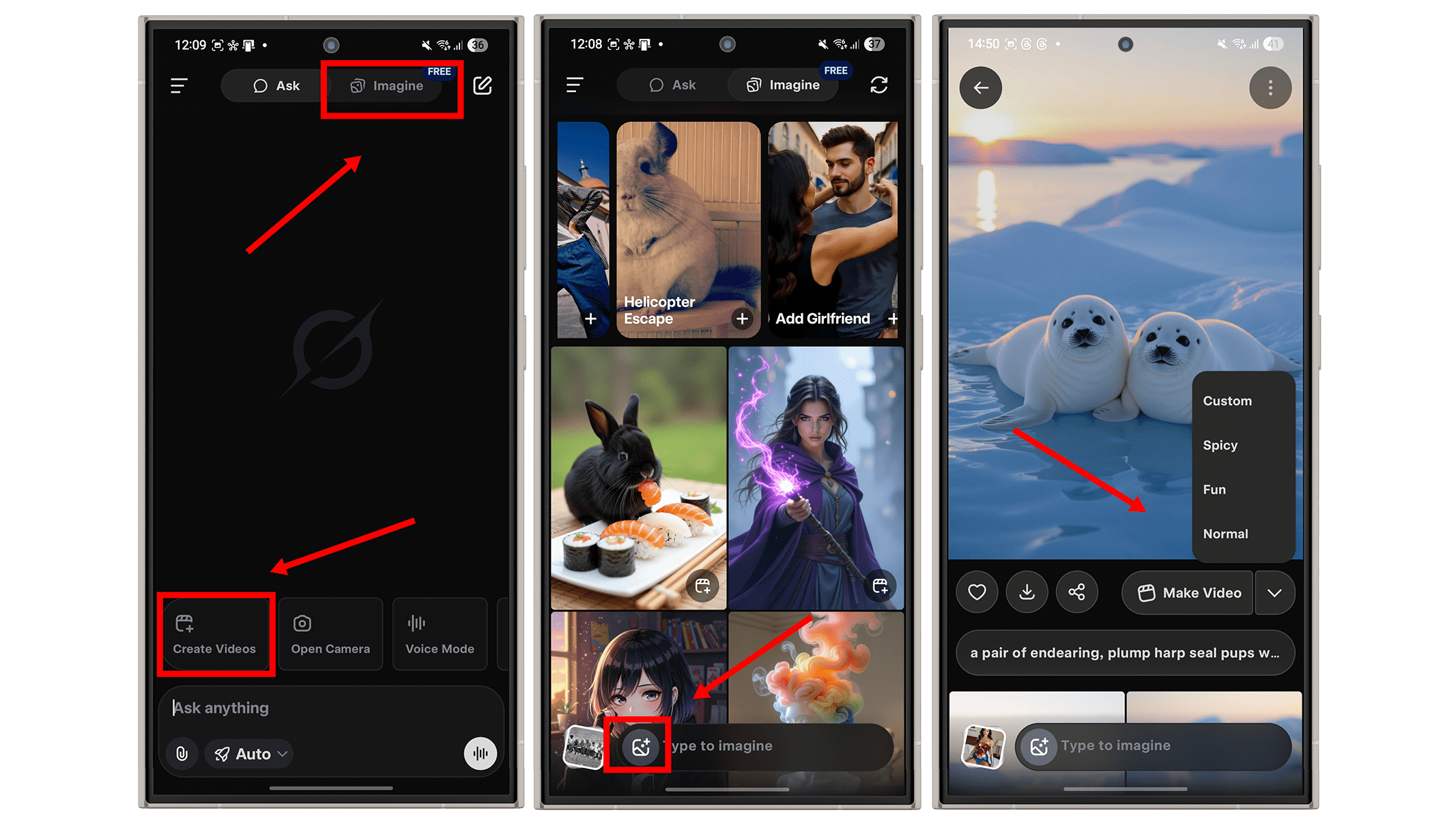 Three smartphone screens displaying an app interface with options to create videos and various image categories.
