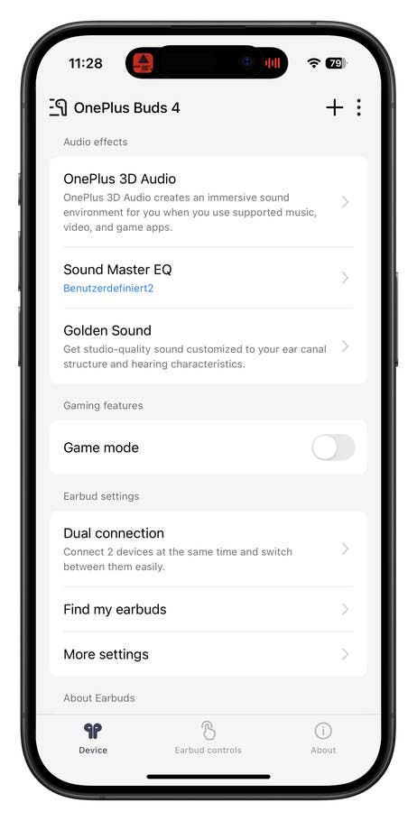 OnePlus Buds 4 app interface with audio effects and settings options.