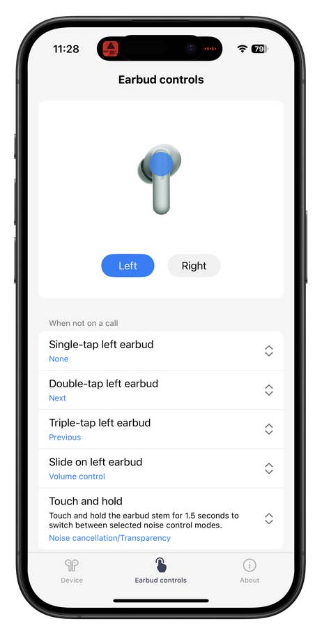 OnePlus Buds 4 earbud control settings screen with tap options.