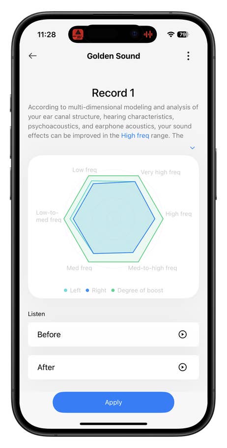 A smartphone screen shows the Golden Sound feature with sound frequency analysis and options.