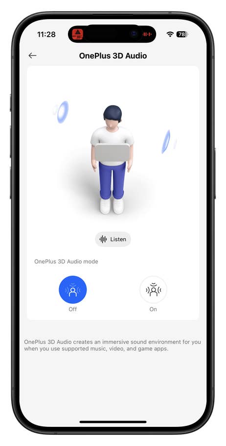 OnePlus 3D Audio interface with a cartoon character and audio options for immersive sound.