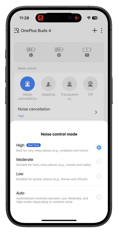 OnePlus Buds 4 app interface with noise control settings: High, Moderate, Low, and Auto.